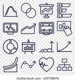 Chart icons set. set of 16 chart outline icons such as circle intersection, heartbeat, structure, graph, graph on display