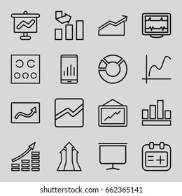 Chart icons set. set of 16 chart outline icons such as graph, heartbeat, eye test, medical appointment, board, arrows up, graph on display, money growth