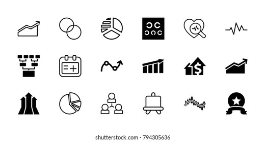 Chart icons. set of 18 editable filled and outline chart icons: eye test, graph, arrows up, medal, board, circle intersection, heartbeat, heartbeat search, medical appointment
