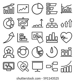 chart icons set. Set of 25 chart outline icons such as graph, structure, heartbeat search, heartbeat, board, line graph, stopwatch camera, medal, arrow up