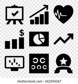 Chart icons set. set of 9 chart filled icons such as board, eye test, heartbeat, graph, medal