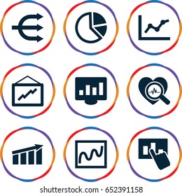 Chart icons set. set of 9 chart filled icons such as graph, heartbeat search, structure
