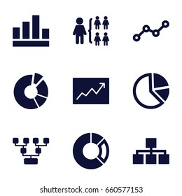 Chart icons set. set of 9 chart filled icons such as structure, pie chart, line graph, graph