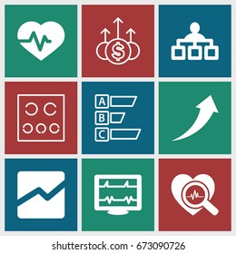 Chart icons set. set of 9 chart filled and outline icons such as structure, heartbeat, heartbeat search, line chart, arrow up, eye test, money up