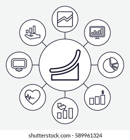 chart icons set. Set of 9 chart outline icons such as board, graph, heartbeat