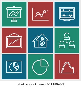 Chart icons set. set of 9 chart outline icons such as graph, heartbeat, dolar growth, graph on board