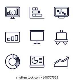 Chart icons set. set of 9 chart outline icons such as board, graph on display