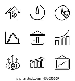 Chart icons set. set of 9 chart outline icons such as graph, stopwatch camera, money up, dolar growth