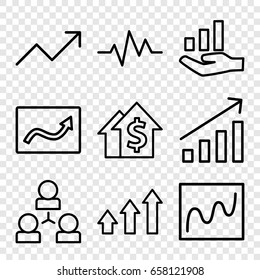 Chart icons set. set of 9 chart outline icons such as heartbeat, graph, graph on hand, chart, dolar growth