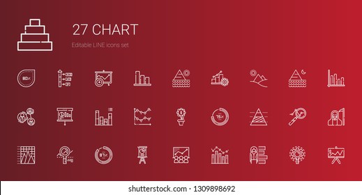 chart icons set. Collection of chart with bar chart, presentation, percentage, analytics, pyramid growth, line analysis, pyramid. Editable and scalable icons.
