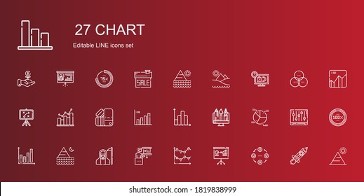chart icons set. Collection of chart with structure, presentation, line chart, death, pyramid, bar pie graphic, pantone, bar graph. Editable and scalable icons.