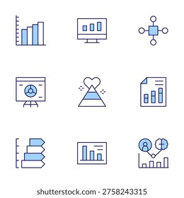 Chart icons set. Line Duotone style, editable stroke. presentation, pyramid, report, chart, computerscreen, diagram, analysis, analytics, audience.