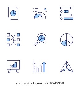 Chart icons set. Line Duotone style, editable stroke. infographics, magnifyingglass, piechart T, analytics, arc, barchart, presentation, profits.