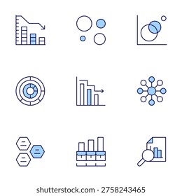 Chart icons set. Line Duotone style, editable stroke. barchart, bubble, chart, infographics, jobsector, marketresearch, circularchart, decrease.