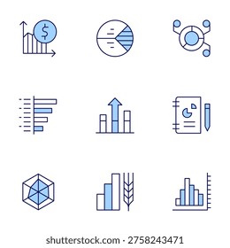 Chart icons set. Line Duotone style, editable stroke. barchart, bargraph, businessreport, margin, piechart T, piechart, diagram, farming, graph.