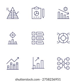 Chart icons set. Thin Line style, editable stroke. pyramid, report, settings, bargraph, chart, analysis, target, workflow.