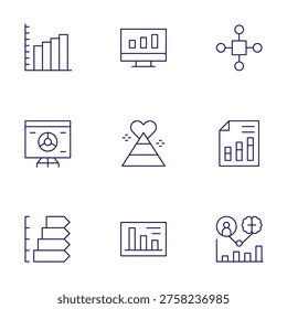 Chart icons set. Thin Line style, editable stroke. presentation, pyramid, report, chart, computerscreen, diagram, analysis, analytics, audience.