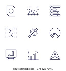 Chart icons set. Thin Line style, editable stroke. infographics, magnifyingglass, piechart T, analytics, arc, barchart, presentation, profits.