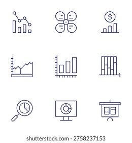 Chart icons set. Thin Line style, editable stroke. decrease, diagram, finance, piechart, presentation, areagraph, barchart.