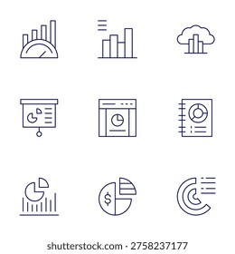 Chart icons set. Thin Line style, editable stroke. benchmark, chart, cloudcomputing, market, piechart T, piechart, analytics, strategy, web.