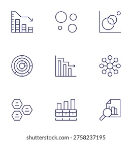 Chart icons set. Thin Line style, editable stroke. barchart, bubble, chart, infographics, jobsector, marketresearch, circularchart, decrease.