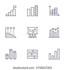 Chart icons set. Thin Line style, editable stroke. analytics, stats, training, goal, graphic, growth, barchart, bargraph.