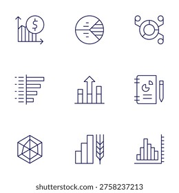 Chart icons set. Thin Line style, editable stroke. barchart, bargraph, businessreport, margin, piechart T, piechart, diagram, farming, graph.