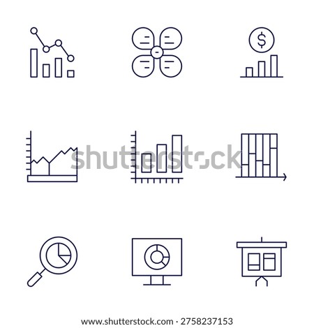 Chart icons set. Thin Line style, editable stroke. decrease, diagram, finance, piechart, presentation, areagraph, barchart.