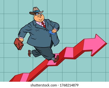 Chart indicators up. Successful businessman. Comics caricature pop art retro vector illustration drawing