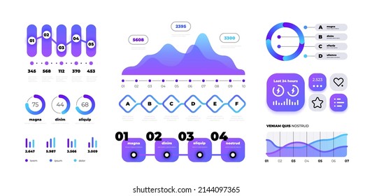 Chart Infographic. Colorful Gradient Bar Diagram And Timeline Flow With Numbers, Circle Graphic Template. Vector Isolated Set. Statistics Finance Report, Progress Analysis Elements