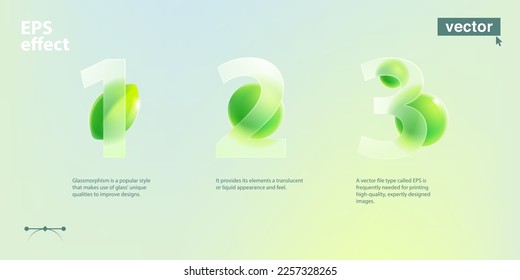 Gráfico infográfico con 3 pasos. Plantilla ecológica con estilo de glasmorfismo. Pantalla de vidrio mate con hojas y esferas verdes flotantes borrosas. Flujo de trabajo corporativo, diapositiva de presentación de diagrama de flujo. 