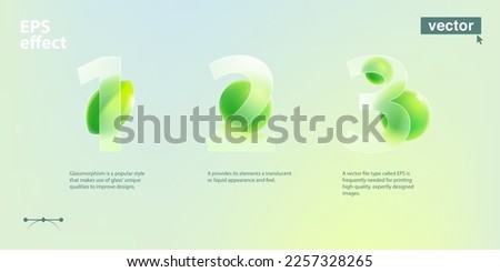 Chart infographics with 3 step. Eco friendly template in glassmorphism style. Matte glass screen with blurred floating green leaves and spheres. Corporate workflow, flowchart presentation slide. 