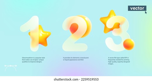 Chart infographics with 3 step in glassmorphism style with star logos. Vector 3D achievement icons. Vector emblems for feedback app, winner screens, bookmark banners, success design.