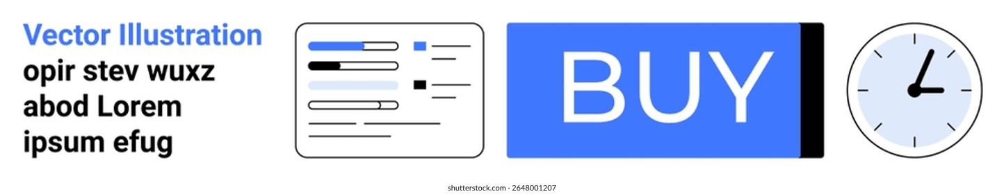Inserções de gráfico, botão BUY azul grande e ícone de relógio. Ideal para web design, navegação de interface, experiência do usuário, compras on-line, gerenciamento de tempo, eCommerce, plataformas digitais. Página inicial