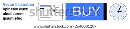 Chart inserts, large blue BUY button, and clock icon. Ideal for web design, interface navigation, user experience, online purchasing, time management, eCommerce, digital platforms. Landing page