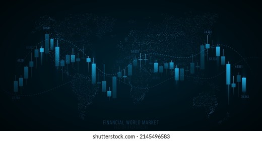 Chart of investment financial data with glowing world map. Stock market investment trading graph. Business technology background. Vector illustration. EPS 10