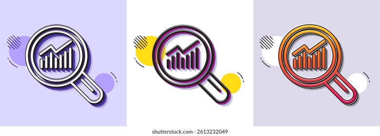 Chart line icon. Halftone dotted pattern. Gradient icon with grain shadow. Report graph or Sales growth sign in Magnifying glass. Analysis and Statistics data symbol. Line data analysis icon. Vector