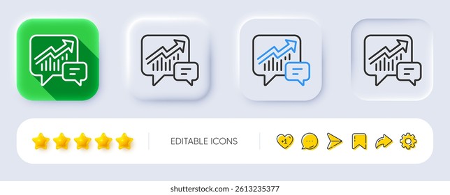 Chart line icon. Neumorphic, Flat shadow, 3d buttons. Report graph or Sales growth sign in speech bubble. Analysis and Statistics data symbol. Line accounting icon. Social media icons. Vector