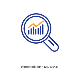 Chart line icon. Report graph or Sales growth sign in Magnifying glass. Analysis and Statistics data symbol. Colorful outline concept. Blue and orange thin line color icon. Data analysis Vector
