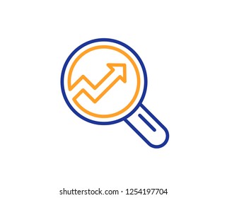 Chart line icon. Report graph or Sales growth sign in Magnifying glass. Analysis and Statistics data symbol. Colorful outline concept. Blue and orange thin line color icon. Analytics Vector