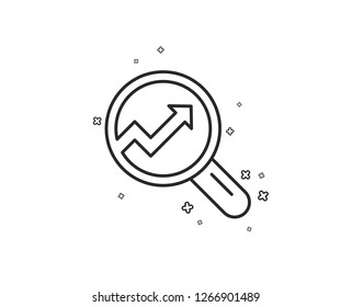 Chart line icon. Report graph or Sales growth sign in Magnifying glass. Analysis and Statistics data symbol. Geometric shapes. Random cross elements. Linear Analytics icon design. Vector