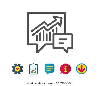 Chart line icon. Report graph or Sales growth sign in speech bubble. Analysis and Statistics data symbol. Report, Service and Information line signs. Download, Speech bubble icons. Editable stroke