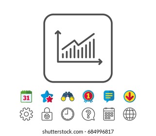 Chart line icon. Report graph or Sales growth sign. Analysis and Statistics data symbol. Calendar, Globe and Chat line signs. Binoculars, Award and Download icons. Editable stroke. Vector