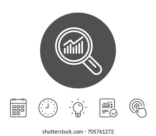 Chart line icon. Report graph or Sales growth sign in Magnifying glass. Analysis and Statistics data symbol. Report, Clock and Calendar line signs. Light bulb and Click icons. Editable stroke. Vector