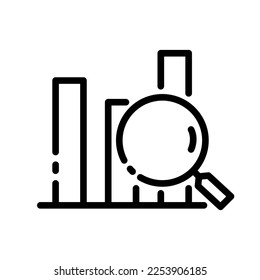 Chart line icon. Statistics, magnifying glass, research, businessman, work, graph, data, information, capital, tactics, investment, money, shares. business concept. Vector black line icon