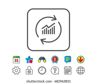 Chart line icon. Update Report graph or Sales growth sign. Analysis and Statistics data symbol. Calendar, Globe and Chat line signs. Binoculars, Award and Download icons. Editable stroke. Vector