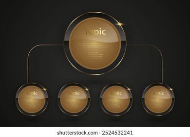 Botón de círculo negro de lujo con Ilustración vectorial de marco dorado, tabla de Botón de Web en conjunto elegante estilo de oro negro 3d aislado con espacio en blanco para gráficos de texto