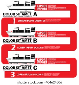 Chart of marine cargo ship on red Line up bound for export and import goods, add text to complete. Vector style