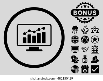 Chart Monitoring icon with bonus. Vector illustration style is flat iconic symbols, black color, light gray background.