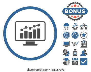 Chart Monitoring icon with bonus. Vector illustration style is flat iconic bicolor symbols, cobalt and gray colors, white background.